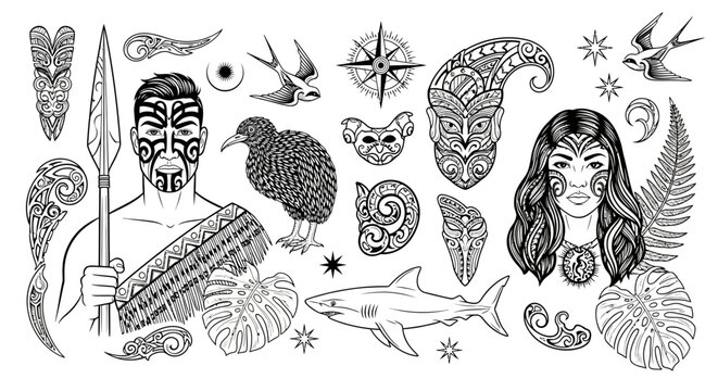 Maori Cultural Symbols and Traditional Tattoo Art Vector Set: Featuring Man, Woman, Kiwi Bird, Shark, Masks, and Koru Patterns in Black and White Line Art