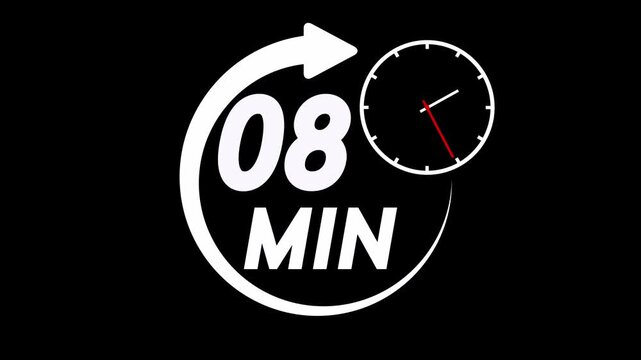 White Circle Arrow with Number 8 minute on Black Background with dynamic graphic