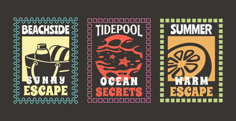 Set of Retro Summer Beach Vibes Flat Illustration for T-Shirt Print with Slogans, Vintage Tropical Apparel Sticker Design with Tide Pool, Beach Bag, Citrus, Coastal Travel Poster Badge Collection © Whiskerz