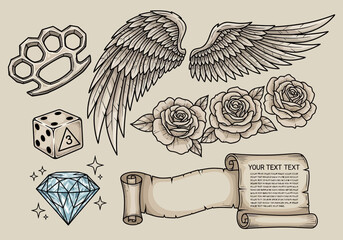 Vintage Old School Tattoo Flash Art Set Featuring Angel Wings, Roses, Brass Knuckles, Dice, Diamond, and Scroll Banner © novitasari