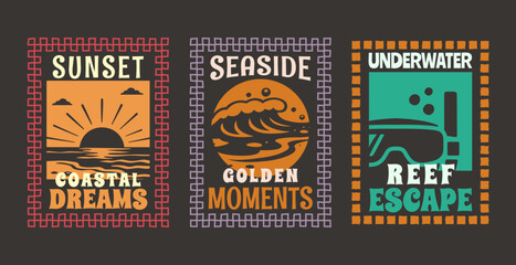 Set of Retro Summer Beach Vibes Flat Illustration for T-Shirt Print with Slogans, Vintage Tropical Apparel Sticker Design with Sunset, Waves, Snorkel Mask, Coastal Travel Poster Badge Collection © Whiskerz