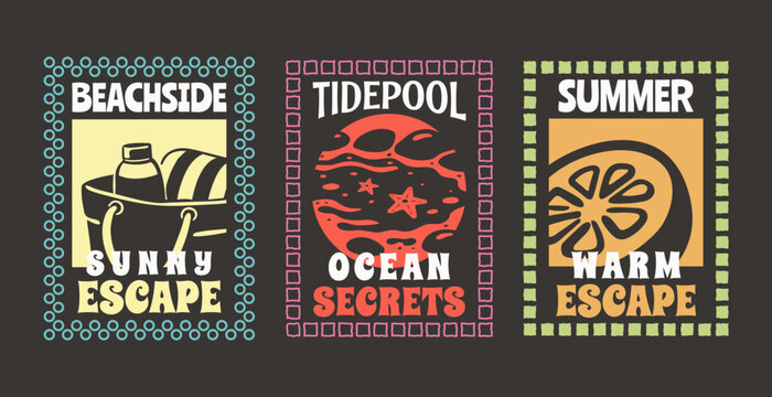 Set of Retro Summer Beach Vibes Flat Illustration for T-Shirt Print with Slogans, Vintage Tropical Apparel Sticker Design with Tide Pool, Beach Bag, Citrus, Coastal Travel Poster Badge Collection