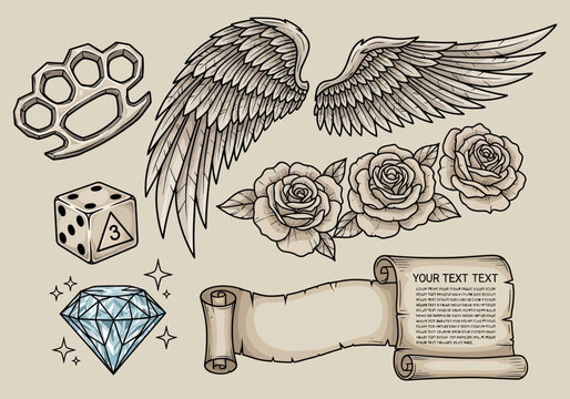 Vintage Old School Tattoo Flash Art Set Featuring Angel Wings, Roses, Brass Knuckles, Dice, Diamond, and Scroll Banner