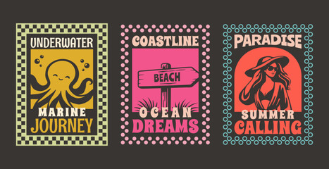 Set of Retro Summer Beach Vibes Flat Illustration for T-Shirt Print with Slogans, Vintage Tropical Apparel Sticker Design With Octopus, Stylish Woman in Sun Hat, Coastal Travel Poster Badge Collection © Whiskerz