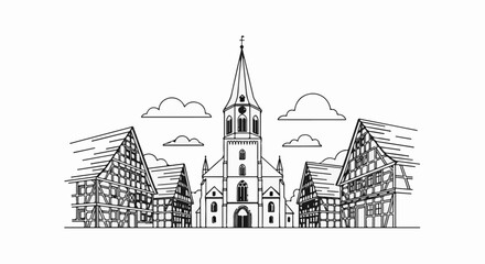 Fototapeta premium Black and white line art of a central spire church flanked by half-timbered buildings under clouds