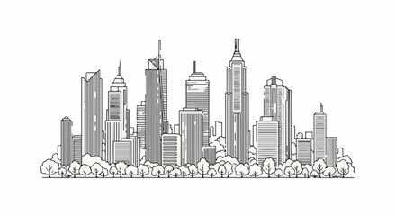 Fototapeta premium Stylized black and white sketch of a dense city skyline above lush trees