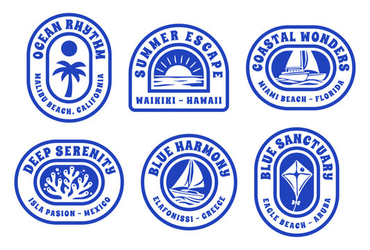 Set of Retro Summer Beach Badges With Famous Beach Destinations with Malibu, Waikiki, Miami, Isla Pasion, Elafonisi, Eagle Beach, Travel Logo Vector Illustration for T-Shirt Print, Coastal Design