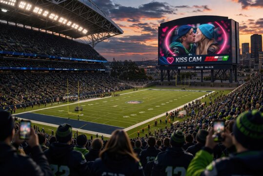 Large stadium video board showing a kiss cam moment during a football game at sunset. Modern arena architecture, dramatic sky, crowd atmosphere, sports entertainment concept.