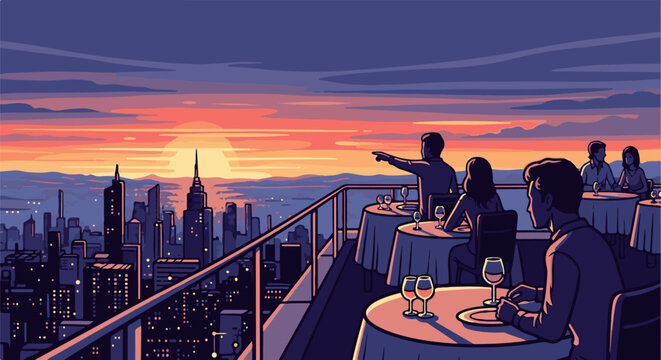Pixel art of people dining on a rooftop overlooking a city at sunset
