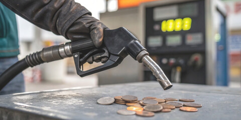 Industrial background. Rising fuel costs and the energy price crisis with fuel pumps and scattered coins symbolize the increasing oil prices