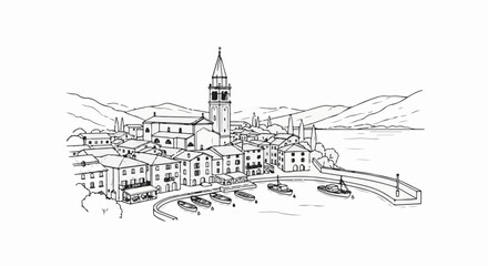 Fototapeta premium Sketch of a coastal town with a bell tower, boats in harbor, and distant hills
