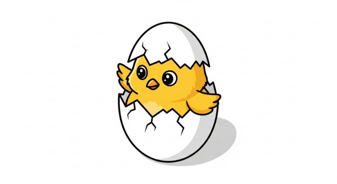 Cute cartoon chick hatching from a cracked eggshell digital illustration