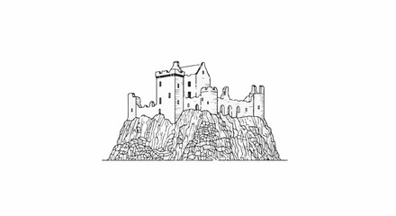 Fototapeta premium Sketch of a stone castle perched atop a rocky cliff under a white background