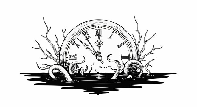 Vintage clock submerged with octopus tentacles rising from dark water