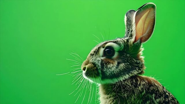 Close-up of a rabbit's head, profile view, against bright green background