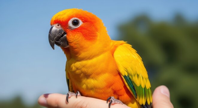 Vibrant Orange Parrot on Hand Outdoors.