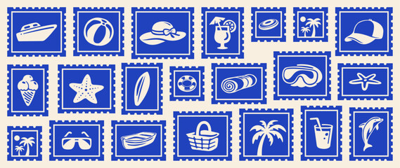 Mega Set of Retro Summer Beach Fun Postcard Stamp Stickers, Vintage Summer Travel & Ocean Fun Print, Vacation Postage Sticker Collection Vector Illustrations for T-Shirt, Scrapbook, Poster © Whiskerz