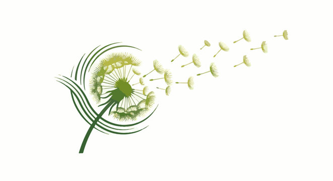 A dandelion with seeds blowing in the wind on a white background