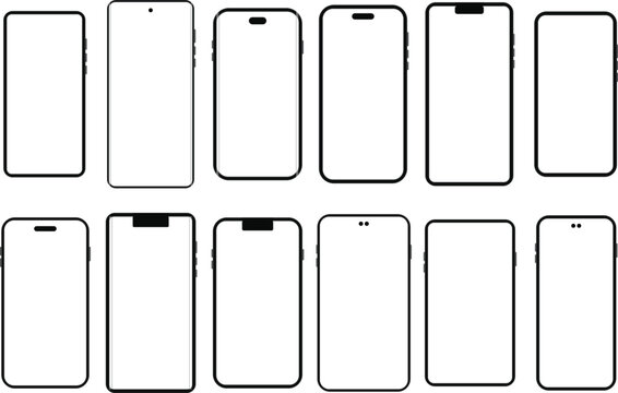 Twelve black smartphone frames with various screen cutouts and notches arranged in two rows on a plain white background for mobile app mockups