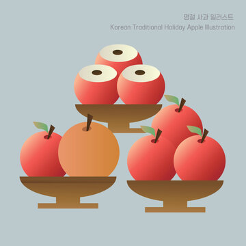 Korean Traditional Holiday Food Illustration - Apples and Pear on Ritual Plates - 한국 전통 제사상 과일 세팅 플랫 벡터 일러스트