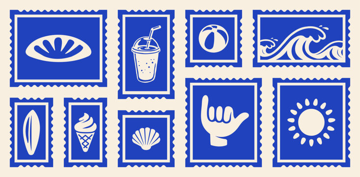 Retro Tropical Beach Postcard Stamps Set, Vintage Summer Vibes Print with Waves, Shaka Sign, Surfboard, Vacation Postage Sticker Collection Vector Illustrations for T-Shirt, Scrapbook, Poster