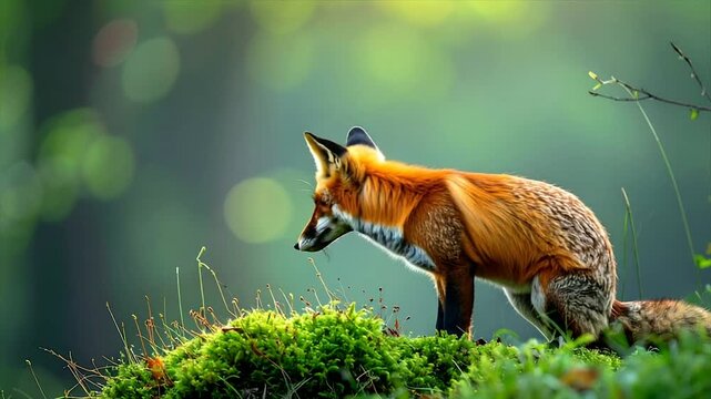 A vibrant fox with red and brown fur stands on moss, looking intently at something. The background is a green blur