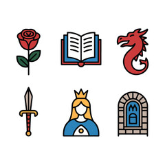 Fototapeta premium Saint George Festival Icon Set – Rose, Open Book, Dragon, Knight Lance, Princess, Castle Window 