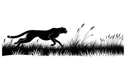 Black silhouette of a running cheetah through tall grass and cattails against a white background. © Rani