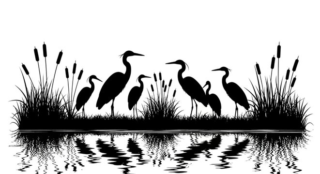 Silhouette of a group of herons standing on a grassy shore with cattails, reflected in calm water against a white background.