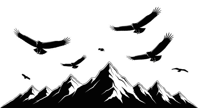Black silhouette of eagles flying over snow-capped mountains against a white background with a dramatic and majestic mood.