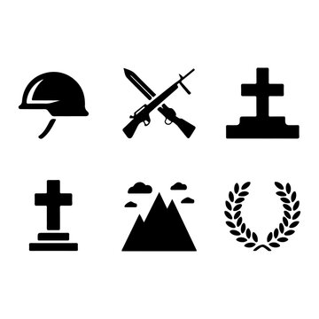 Bataan Day Icon Set &ndash; Soldier Helmet, Rifle and Sword, Memorial Cross, Mountain, Laurel Wreath
