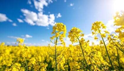 Obraz premium Close-up view of vibrant yellow flowers reaching toward a bright blue sky with puffy white clouds, bathed in warm sunlight