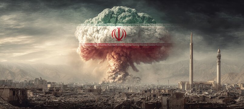 Nuclear mushroom cloud with Iran flag paint and city destruction scene. Generative AI technology.	
