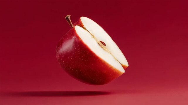 赤い背景で半分のりんごを低い位置に配したスタジオ写真