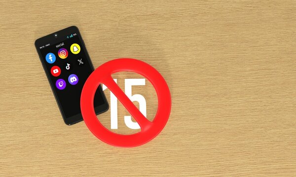 Smartphone with social media apps and age restriction sign prohibiting users under 15, content control concept - 3D rendering