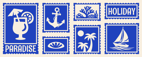 Retro Tropical Beach Postcard Stamp Elements Set, Vintage Summer Vibes Print, Coastal Travel Stamp, Vacation Postage Sticker Collection Vector Illustrations for T-Shirt, Scrapbook, Poster © Whiskerz