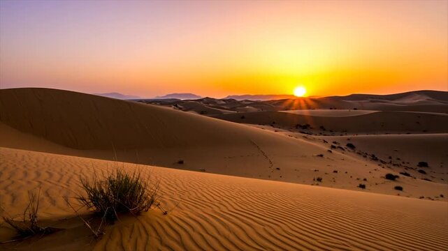 Desert landscape at sunset featuring sand dunes, sparse plants, and a glowing sun