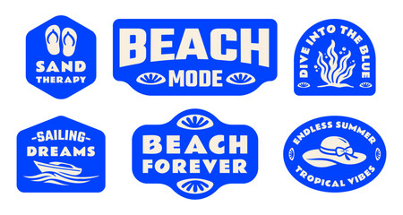 Retro Summer Surfboard Stickers , Patches, Badges Collection Vector Illustration, Vintage Coastal Beach Quote Label Graphics for T-Shirt Prints, Posters, Scrapbook, Tropical Designs © Whiskerz