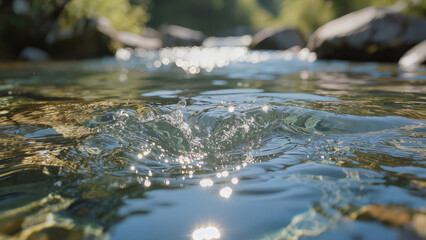 Fototapeta premium Clear transparent water with sunlight reflections, ripples and flow in nature; suitable for banner, article, background, web design and ecology themes. 