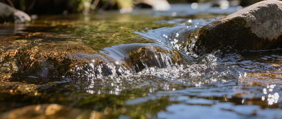 Obraz premium Clear transparent water with sunlight reflections, ripples and flow in nature; suitable for banner, article, background, web design and ecology themes. 