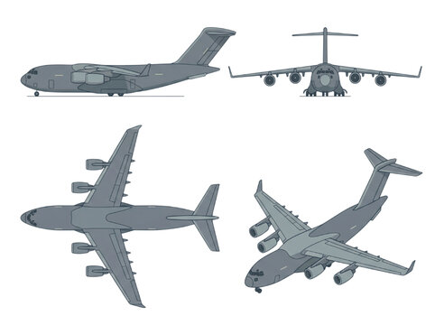 Detailed multi-angle illustrations of a large cargo aircraft, showcasing its design and features