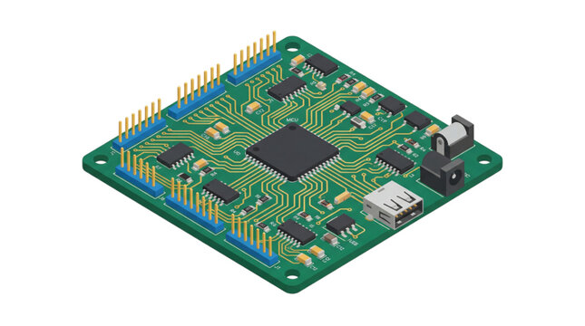 3D isometric view of a complex electronic circuit board with integrated chips and connectors, representing technology and innovation