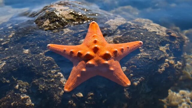 This video captures a vibrant orange starfish resting on a dark rock under clear, shallow seawater. Gentle waves ripple over the sea creature as sunlight glimmers on the surface.
