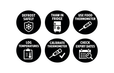 Fototapeta premium Food temperature and storage icon set. defrost safely, thaw in fridge, use food thermometer, log temperatures, calibrate thermometer, check expiry dates. line and flat vector icon set.