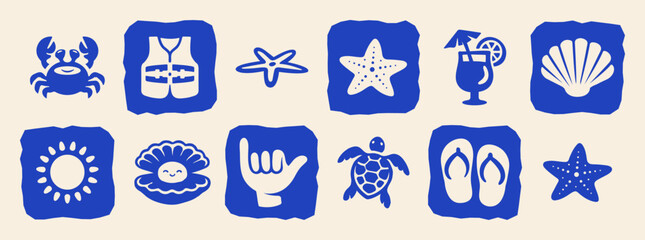 Retro Summer Beach Fun Icon Set Flat Vector Illustration, Tropical Themed elements with Starfish, cocktail, Seashell, Sun, Shaka Sign, Flip-Flops for T-Shirt Print, Poster, Coastal Design © Whiskerz