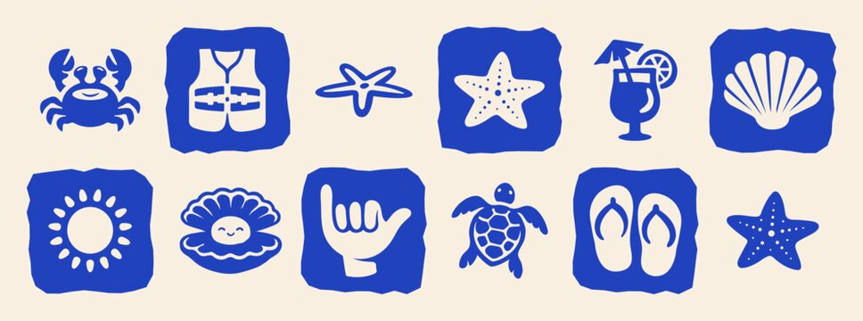 Retro Summer Beach Fun Icon Set Flat Vector Illustration, Tropical Themed elements with Starfish, cocktail, Seashell, Sun, Shaka Sign, Flip-Flops for T-Shirt Print, Poster, Coastal Design