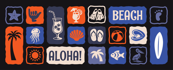 Retro Beach & Surf Icon Set Flat Vector Illustration, Summer Themed Tropical elements with Starfish, Palm Tree, Surfboard, Flip-Flops, Seashell, Jellyfish for T-Shirt Print, Poster, Coastal Design © Whiskerz