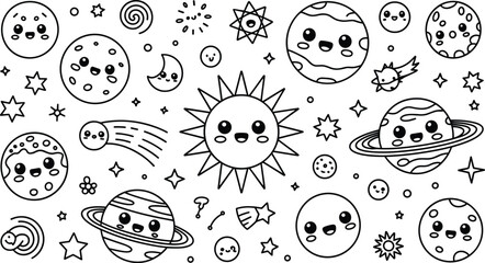 Vector illustration of cute cartoon solar system with smiling sun, planets, stars and comets © Creative Rayhan