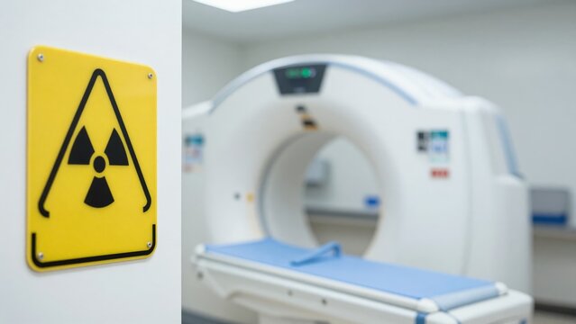 Yellow radiation warning sign on a clean white wall located next to a.