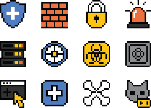 Cybersecurity icons collection, pixel style cyber defense suite featuring shield emblem firewall wall encrypted lock intrusion alert beacon secure server rack threat radar and malware symbols.